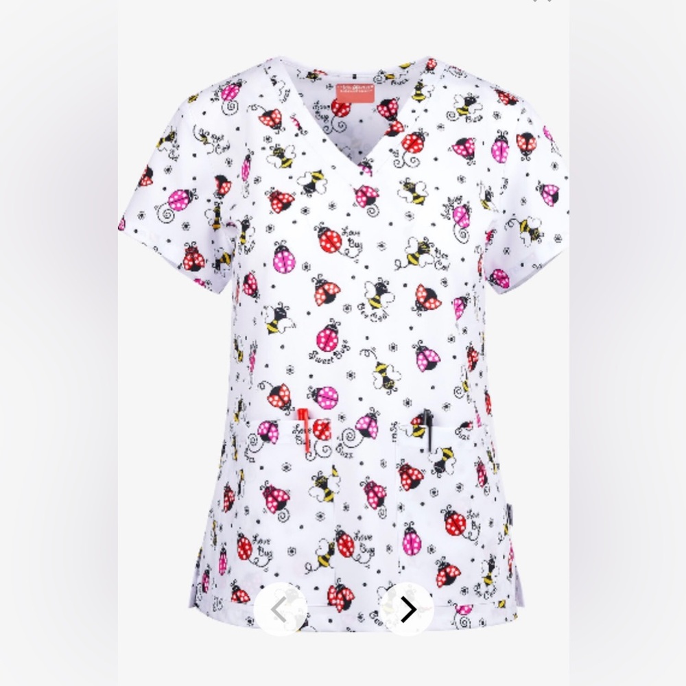 New Uniform Advantage Zavate Ava Therese lady bug bumble bee print scrub top XL